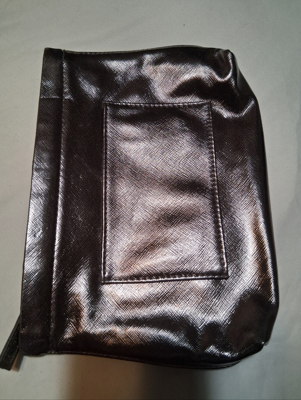 Lancome Paris Metallic Pewter Bronze Saffiano Cosmetic Makeup Pouch Bag Case